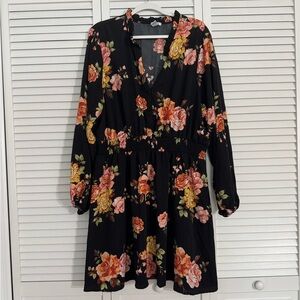 Rue+ Black Floral Long Sleeve Dress with Smocked Waist Plus Size Whimsigoth 3X